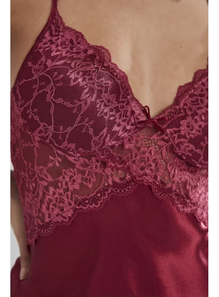 Saten Dantelli Kadın Gecelik - 608 Bordo