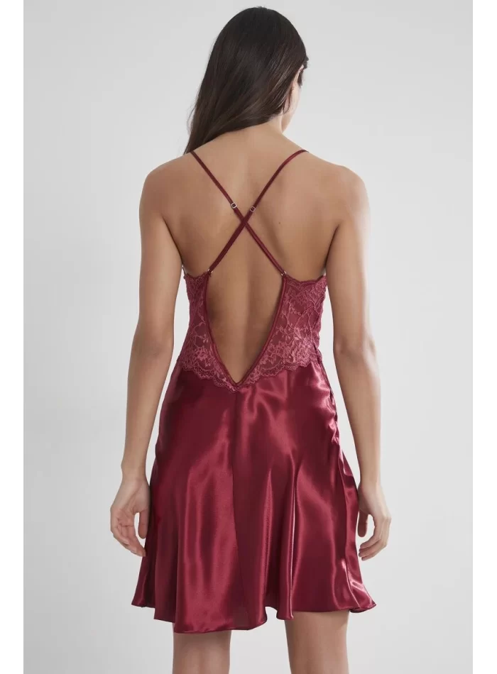 Saten Dantelli Kadın Gecelik - 608 Bordo