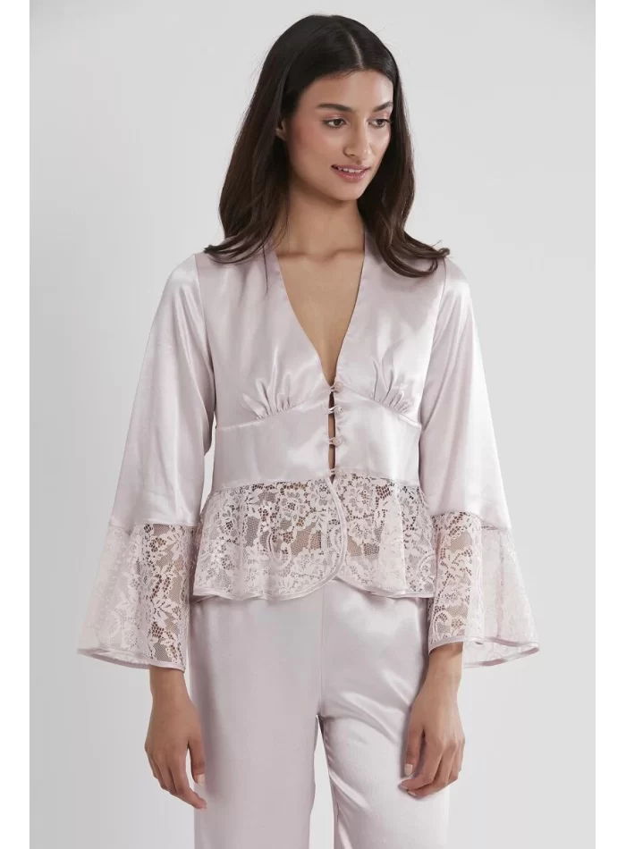 Kaliteli Şık Saten Dantelli Kadın Pijama Takımı - Pudra Renk