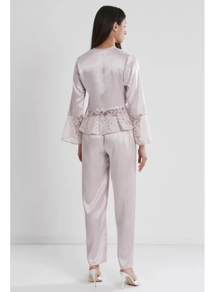 Kaliteli Şık Saten Dantelli Kadın Pijama Takımı - Pudra Renk