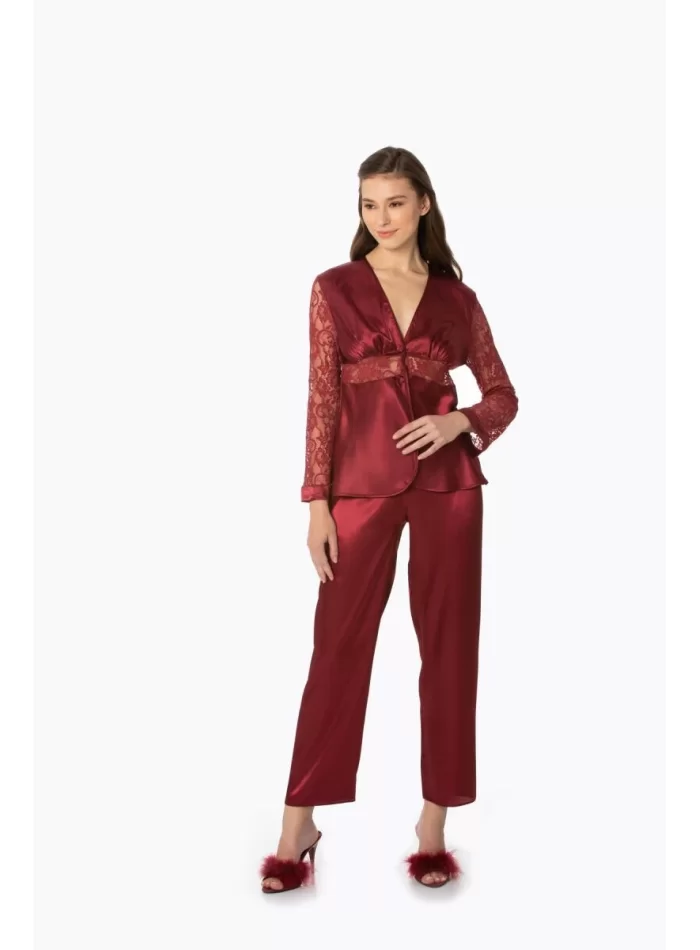 Kaliteli Şık Saten Dantelli Kadın Pijama Takımı - Bordo