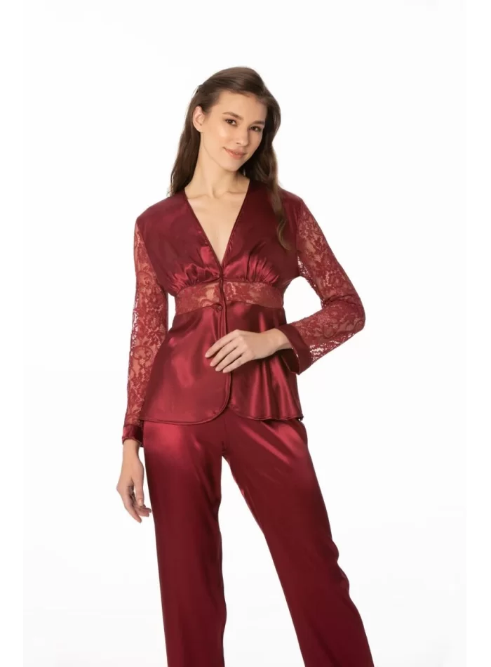 Kaliteli Şık Saten Dantelli Kadın Pijama Takımı - Bordo