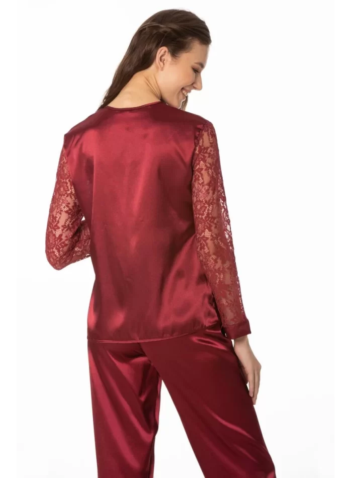 Kaliteli Şık Saten Dantelli Kadın Pijama Takımı - Bordo