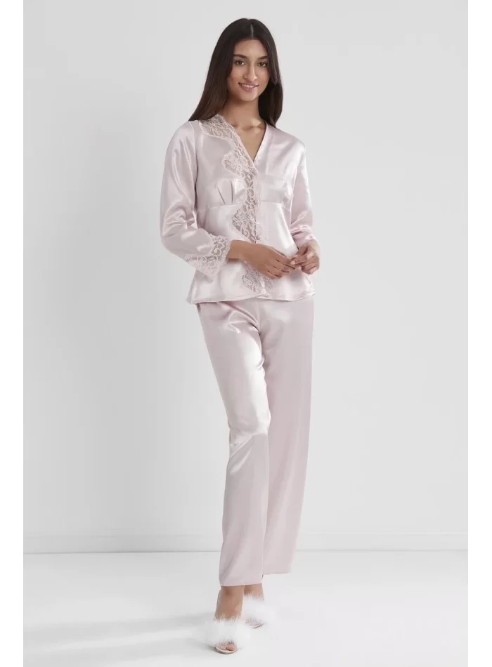 Kaliteli Şık Saten Dantelli Kadın Pijama Takımı - Pudra Renk
