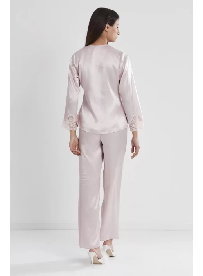 Kaliteli Şık Saten Dantelli Kadın Pijama Takımı - Pudra Renk