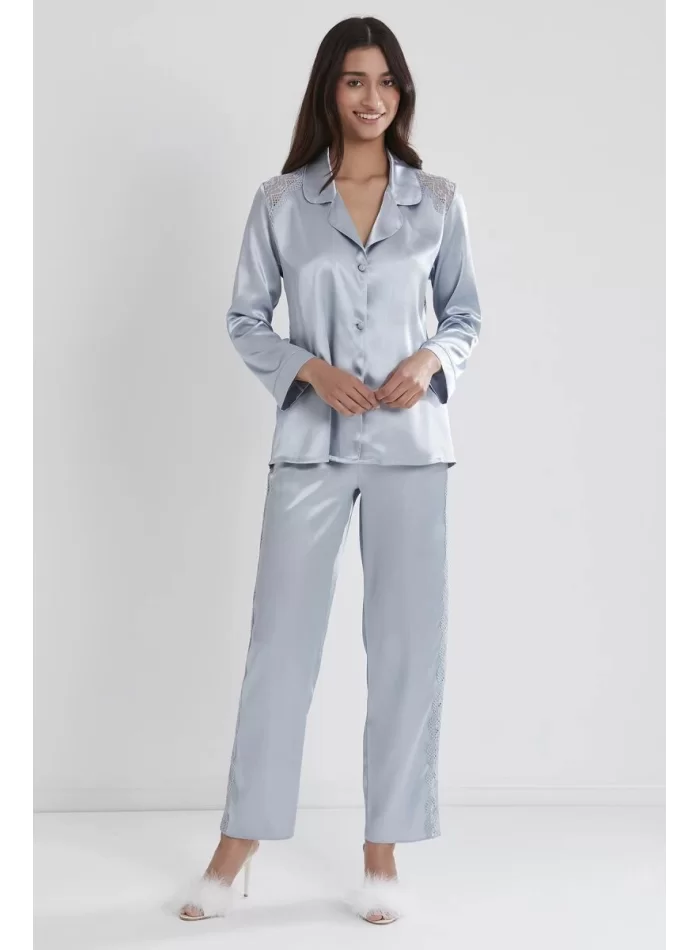 Kaliteli Şık Saten Dantelli Kadın Pijama Takımı Mist Rengi