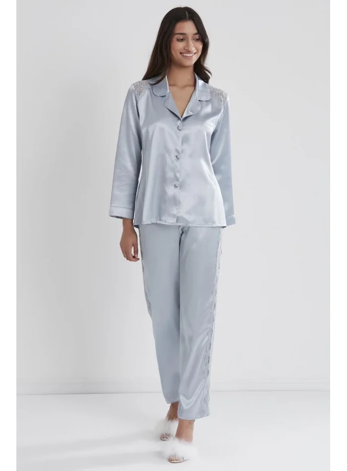 Kaliteli Şık Saten Dantelli Kadın Pijama Takımı Mist Rengi
