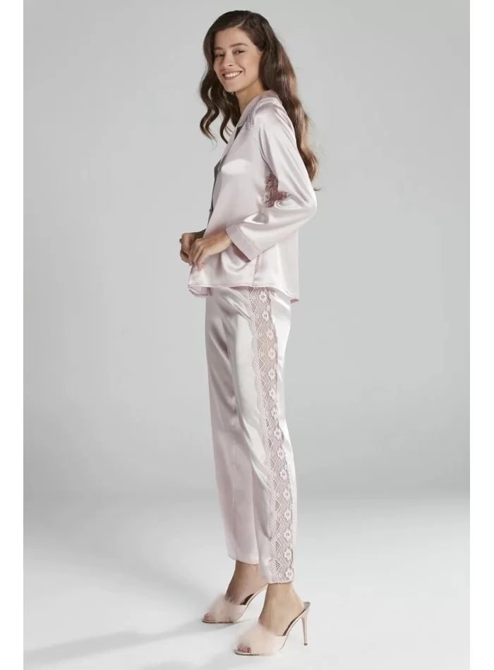 Kaliteli Şık Saten Dantelli Kadın Pijama Takımı - Pudra Renk