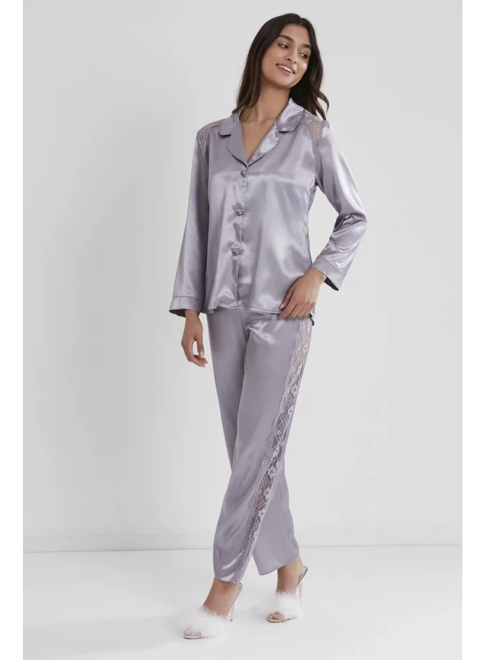 Kaliteli Şık Saten Dantelli Kadın Pijama Takımı - Royal