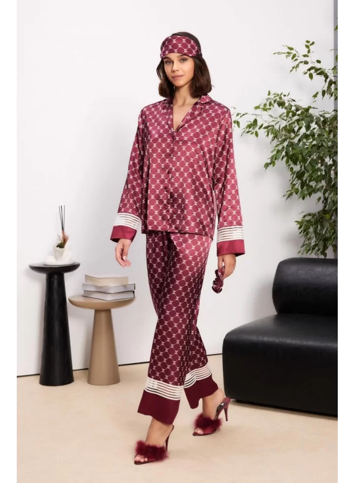 Kaliteli Şık Saten Kadın Pijama Takımı - Bordo Renk