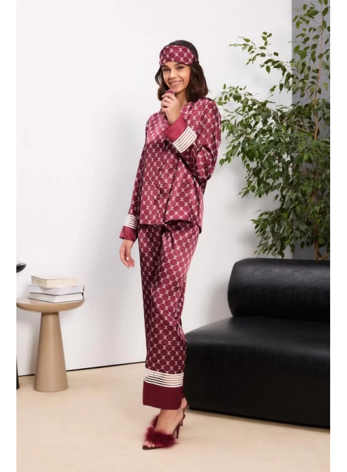 Kaliteli Şık Saten Kadın Pijama Takımı - Bordo Renk