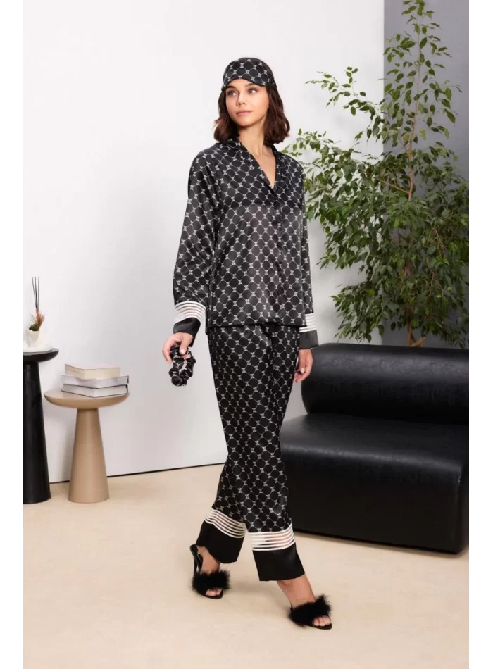 Saten Şık Kadın Pijama Takımı Siyah