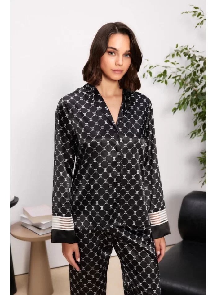 Saten Şık Kadın Pijama Takımı Siyah