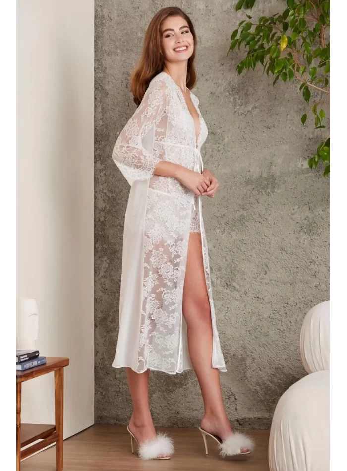 Sifon Dantelli Şık Kadın Sabahlık ve Tulum Takımı - Ekru