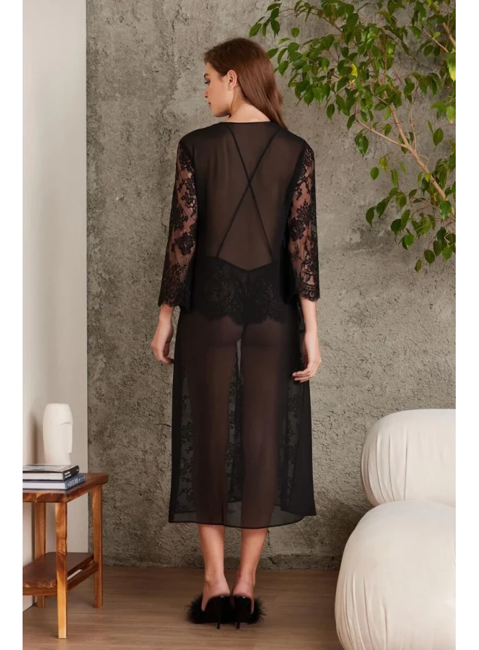Kaliteli Şık Siyah Sifon Dantelli Kadın Sabahlık Takımı
