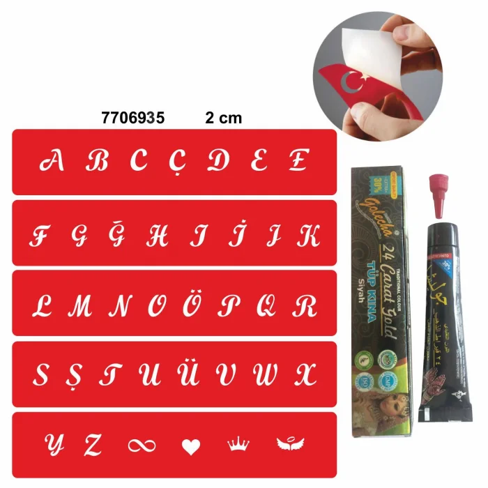 Alfabe Büyük Harfler Hint Kınası ile Geçici Dövme Yapma Seti