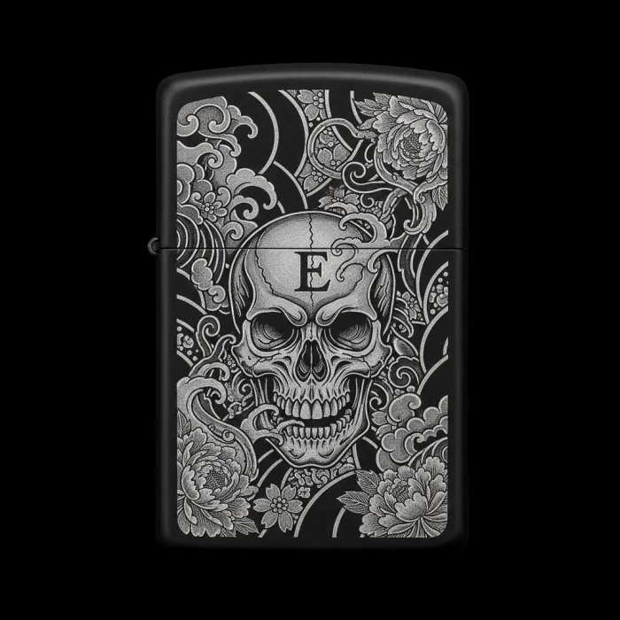 Benzinli Çakmak Kuru Kafa Figürlü E Harfli Tasarım - V32