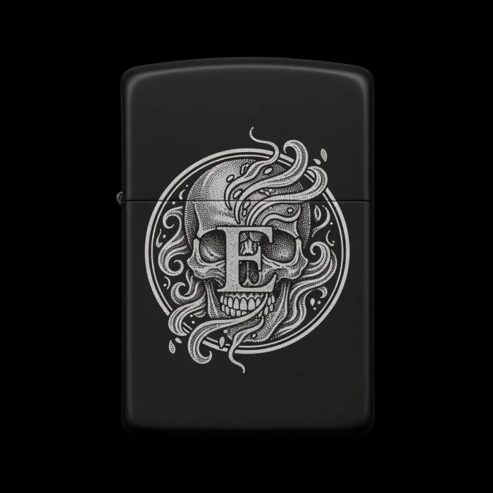 Benzinli Çakmak Kuru Kafa Figürlü E Harfli Tasarım - V41