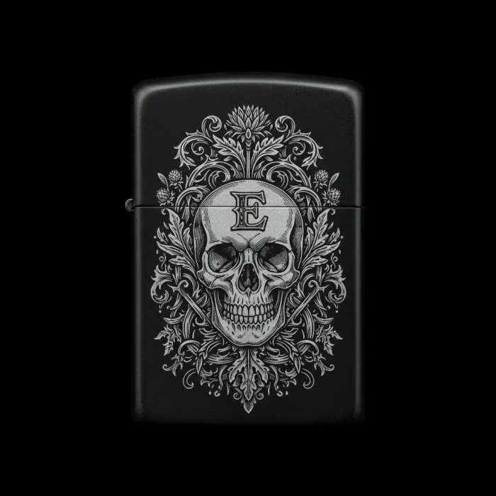 Benzinli Çakmak Kuru Kafa Figürlü E Harfli Tasarım - V83