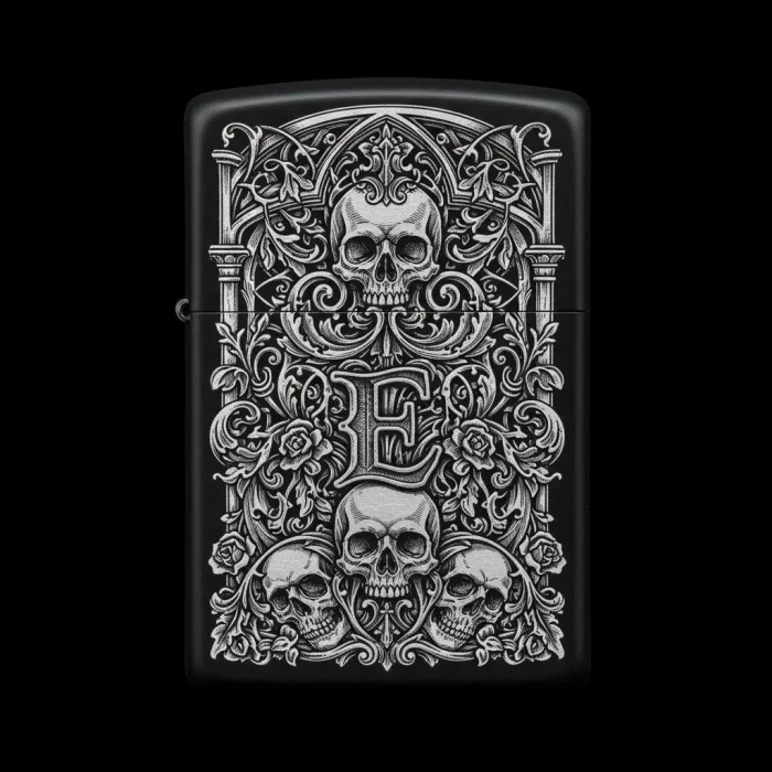 Benzinli Çakmak Kuru Kafa Figürlü E Harfli Tasarım - V88