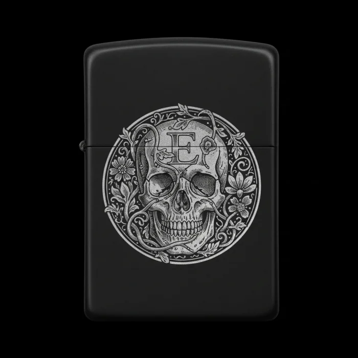 Benzinli Çakmak Kuru Kafa Figürlü E Harfli Tasarım - V9