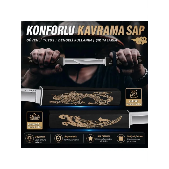 Çift Bıçak Tanto Siyah Ejder M390 Çelik 20 cm