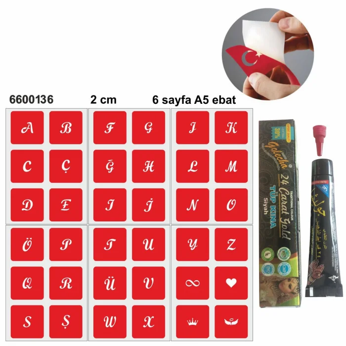Kare Harfler Hint Kınası ile Geçici Dövme Yapma Seti