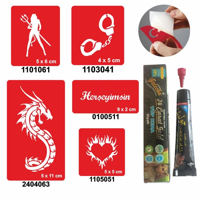 Kelepçe ve Kalp Desenleri Hint Kınası ile Geçici Dövme Yapma Seti