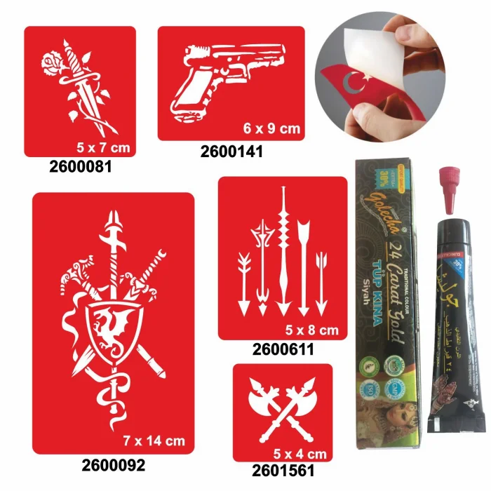 Savaş Aletleri Desenleri Hint Kınası ile Geçici Dövme Yapma Seti