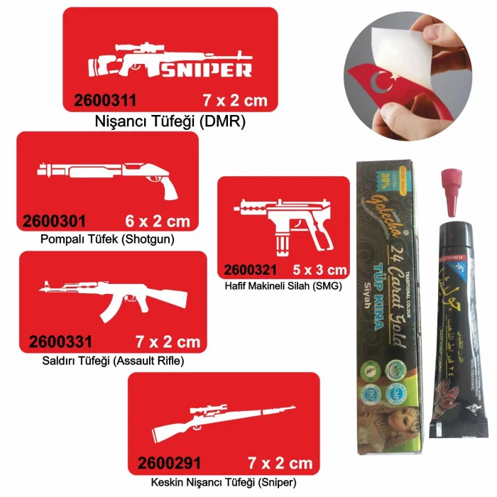 Silah Desen Serisi Hint Kınası ile Geçici Dövme Yapma Seti