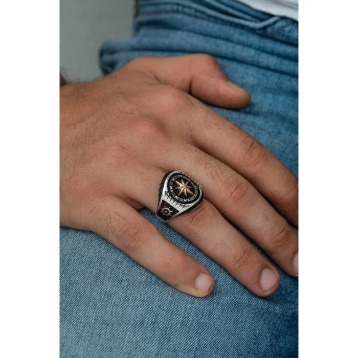 Supertrend Gümüş Çapa Detaylı Pusula Erkek Yüzük