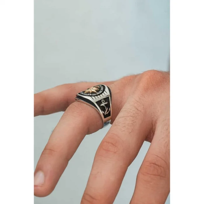 Supertrend Gümüş Çapa Detaylı Pusula Erkek Yüzük