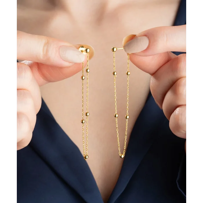 Supertrend Gümüş Çift Zincirli Gold Top Detaylı Kadın Küpe