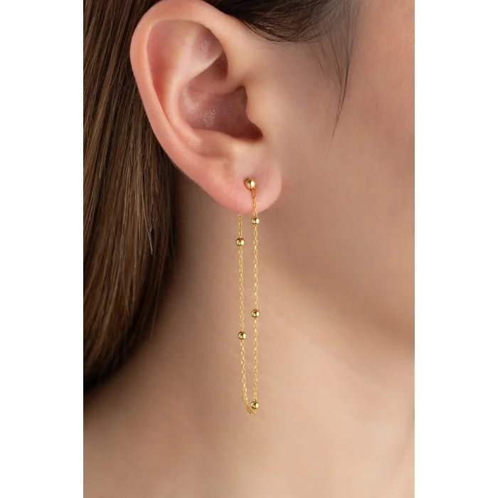 Supertrend Gümüş Çift Zincirli Gold Top Detaylı Kadın Küpe