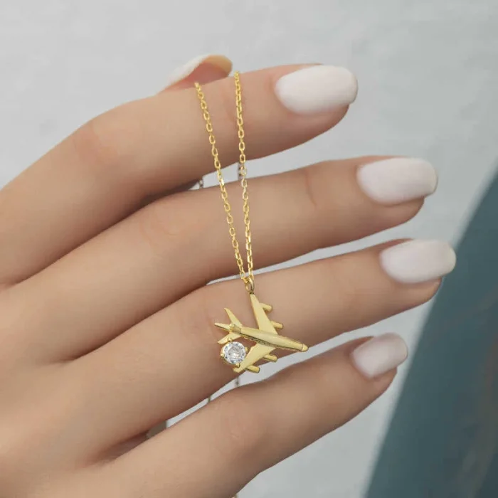 Supertrend Gümüş Gold Tek Taşlı Uçak Kadın Kolye
