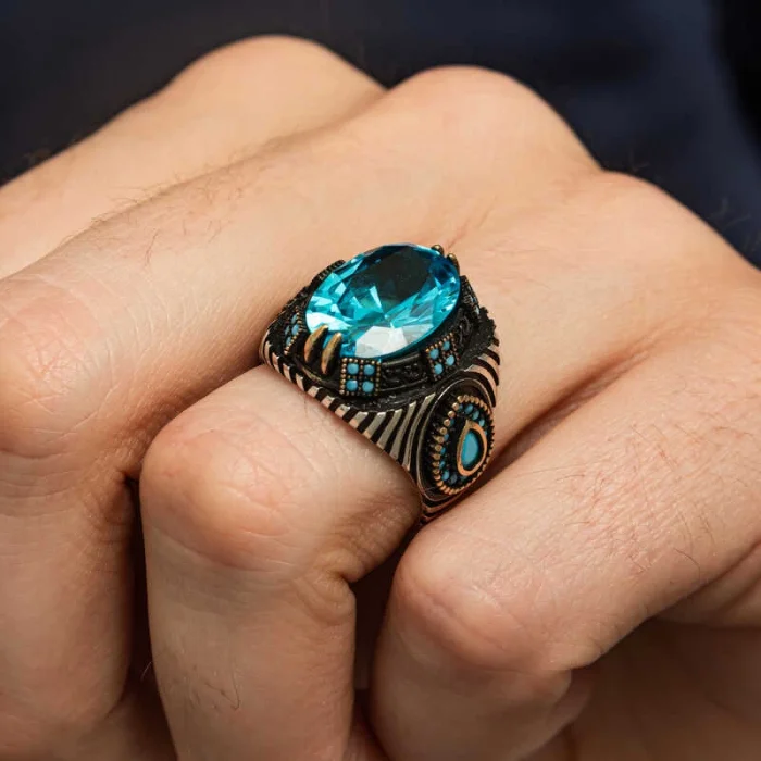 Supertrend Gümüş Mavi Fasetli Taşlı Erkek Yüzük