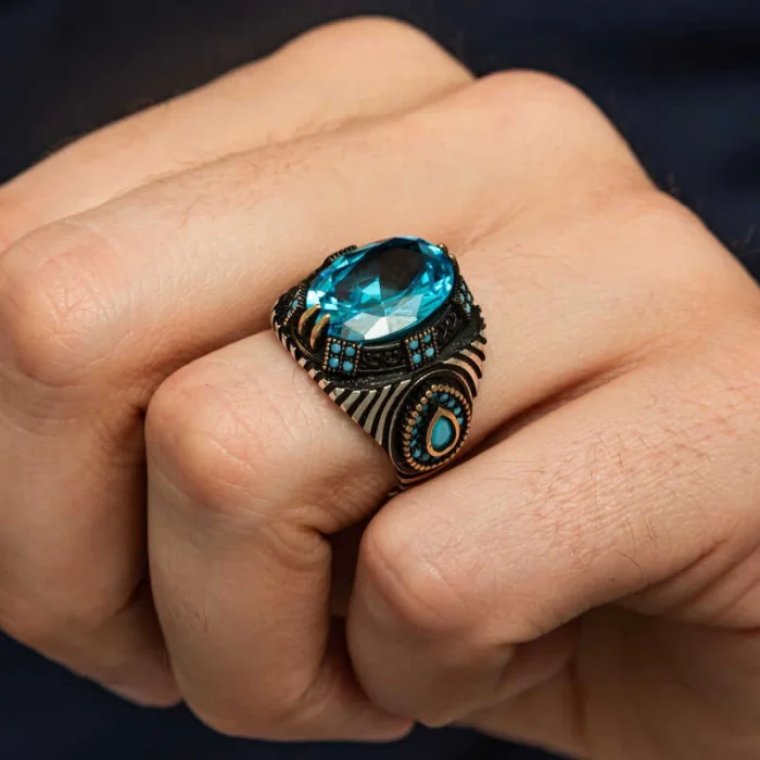 Supertrend Gümüş Mavi Fasetli Taşlı Erkek Yüzük