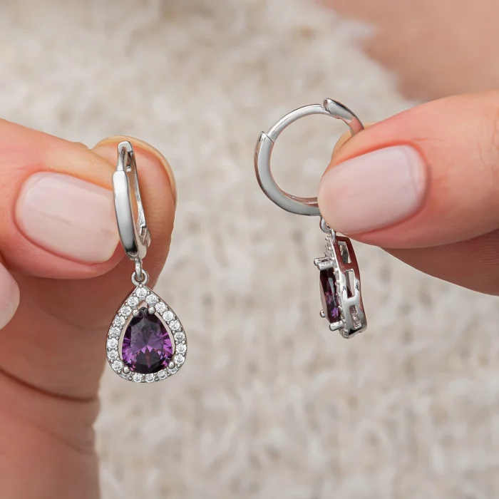 Supertrend Gümüş Mor Zirkon Taşlı Damla Kadın Set