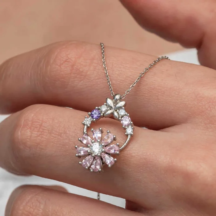 Supertrend Gümüş Pembe Dönen Çiçek Kadın Kolye