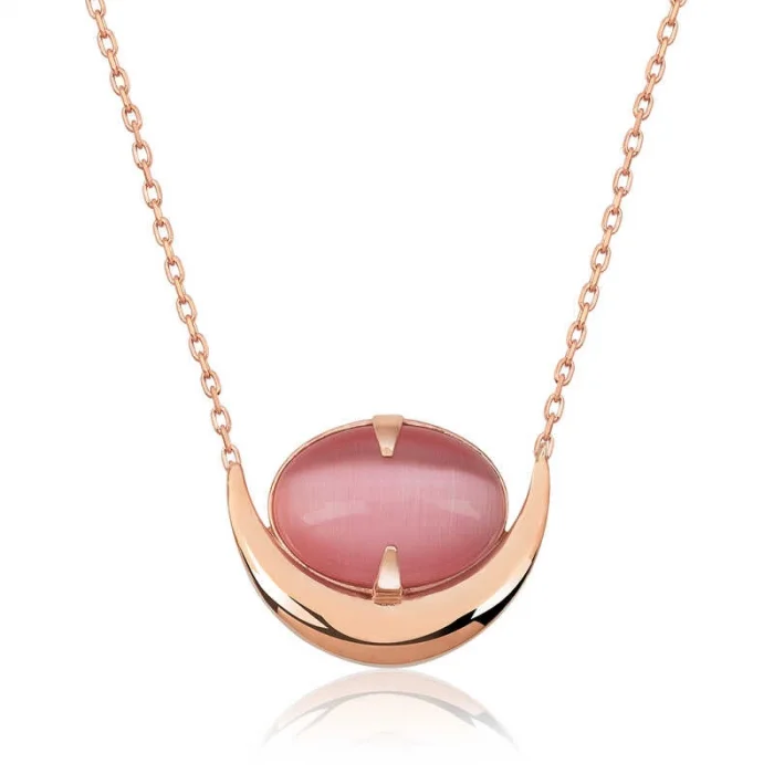 Supertrend Gümüş Pembe Kedi Gözü Taşlı Hilal Kolye