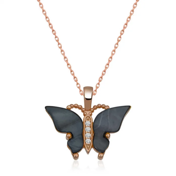 Supertrend Gümüş Rose Antrasit Kaplangözü Taşlı Kelebek Kolye