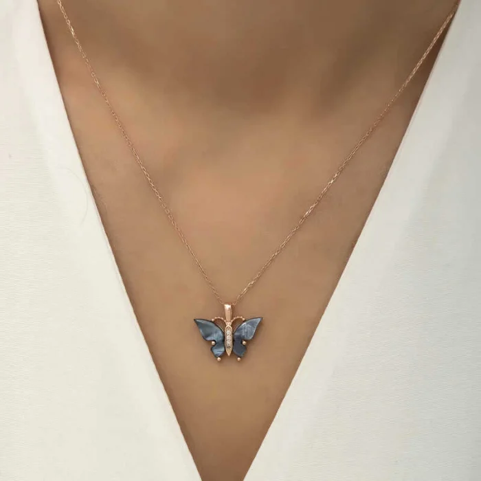 Supertrend Gümüş Rose Antrasit Kaplangözü Taşlı Kelebek Kolye