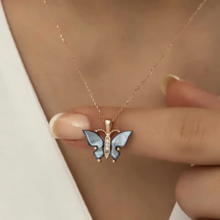 Supertrend Gümüş Rose Antrasit Kaplangözü Taşlı Kelebek Kolye