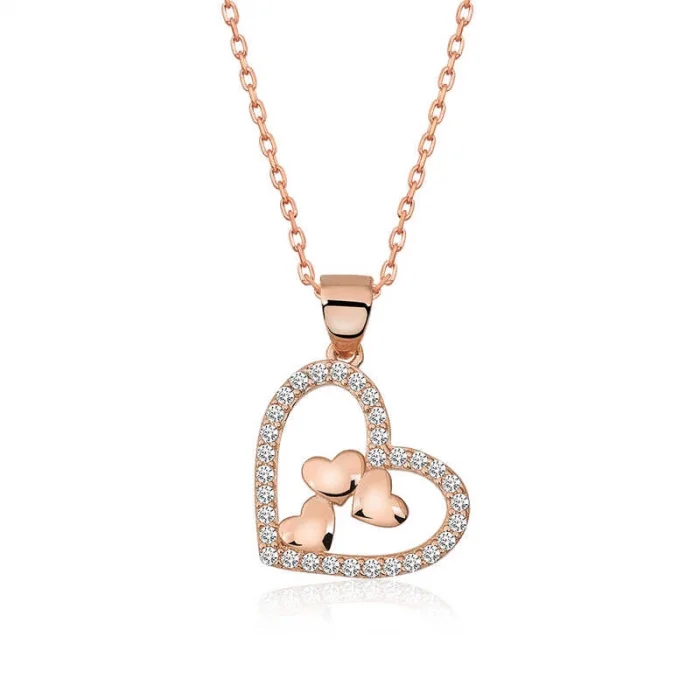 Supertrend Gümüş Rose Kalbin İçinde Üç Kalp Kolye