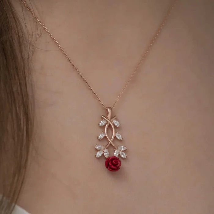 Supertrend ​gümüş Rose Kırmızı Gül Kolye