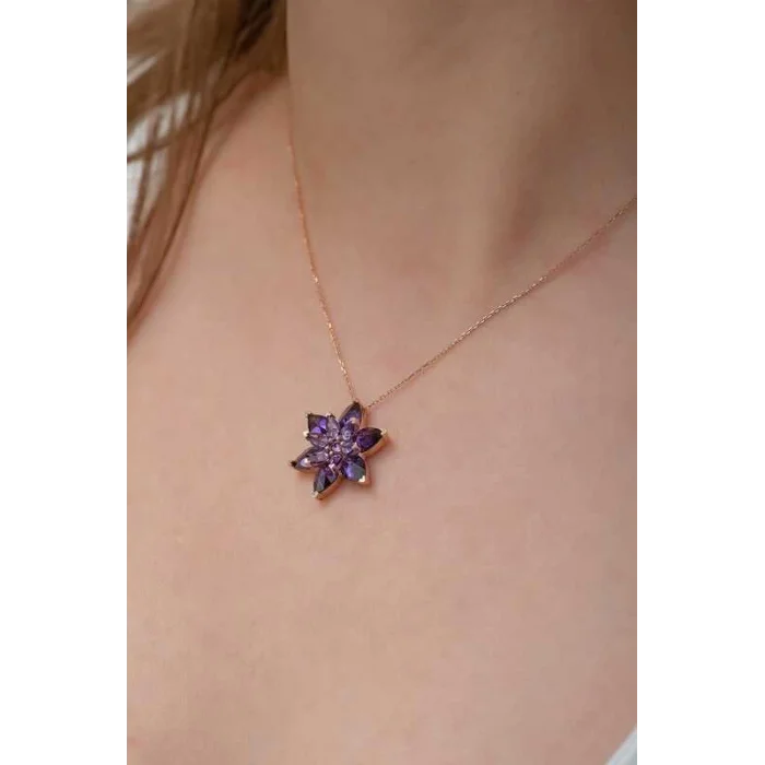 Supertrend Gümüş Rose Mor Lotus Çiçeği Kolye