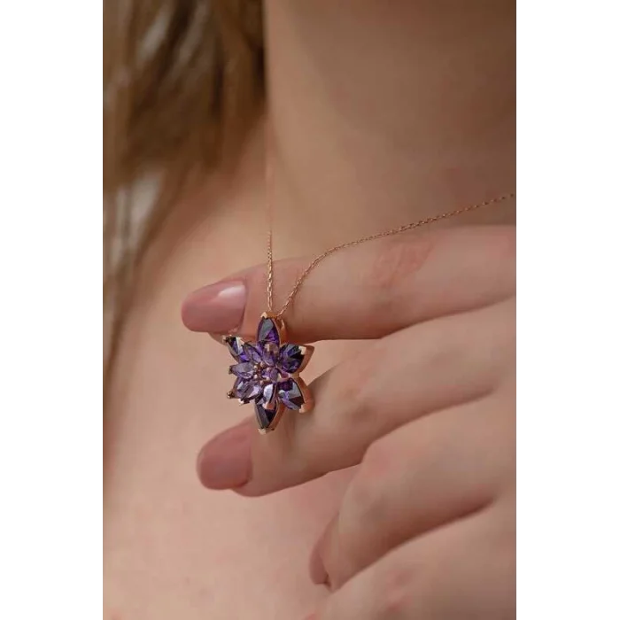 Supertrend Gümüş Rose Mor Lotus Çiçeği Kolye