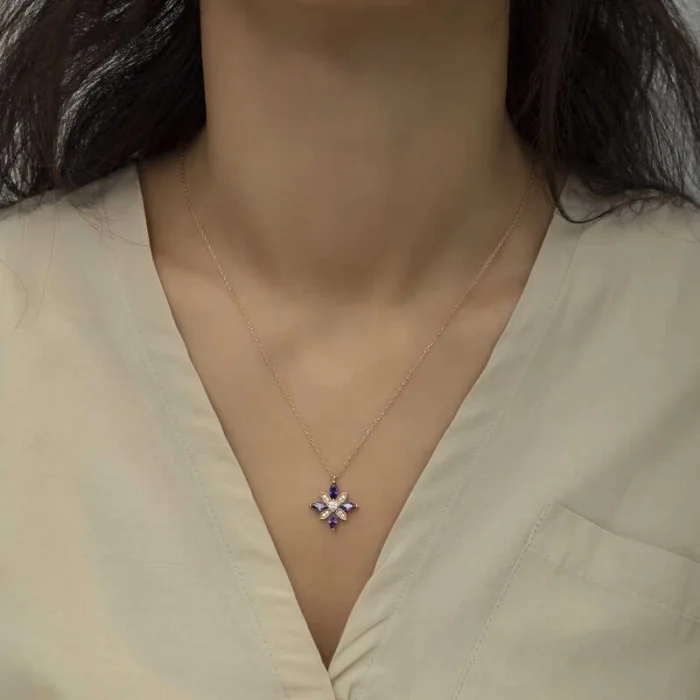 Supertrend Gümüş Rose Mor Taşlı Umut Çiçeği Kolye