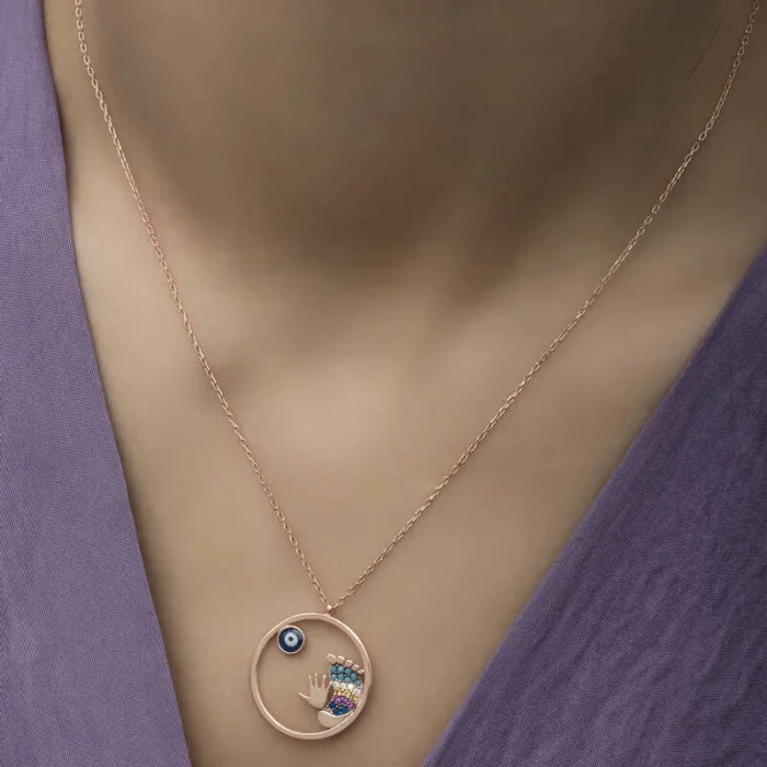 Supertrend Gümüş Rose Nazarlı El Ve Ayak İzi Bayan Kolye