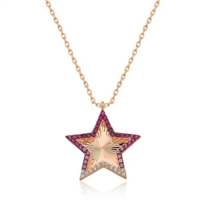 Supertrend Gümüş Rose Pembe Fırfır Desenli Yıldız Bayan Kolye